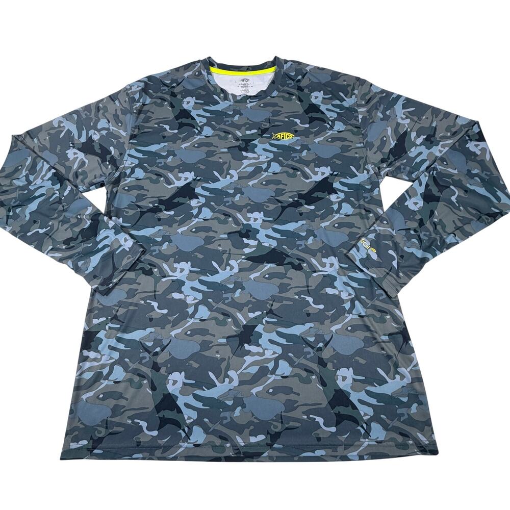 AFTCO Camo Fish Graphic Long Sleeve Sun Protection Tee UPF 50 Green Blue Men XL